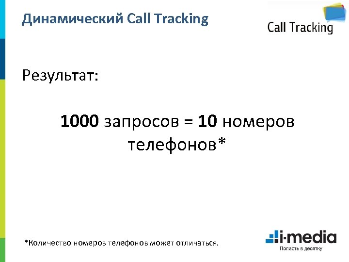 Динамический Call Tracking Результат: 1000 запросов = 10 номеров телефонов* *Количество номеров телефонов может