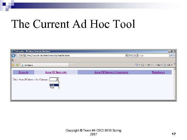 The Current Ad Hoc Tool Copyright © Team #4 CSCI 6838 Spring 2007 17