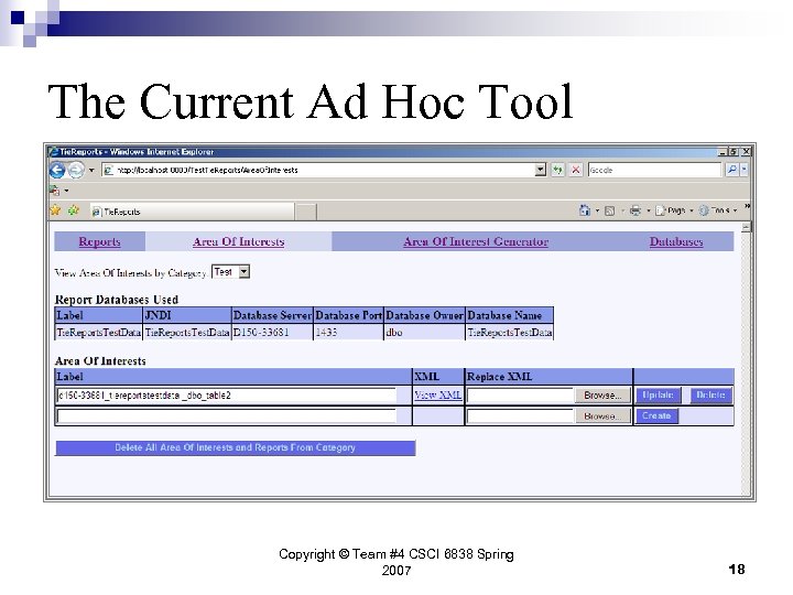 The Current Ad Hoc Tool Copyright © Team #4 CSCI 6838 Spring 2007 18