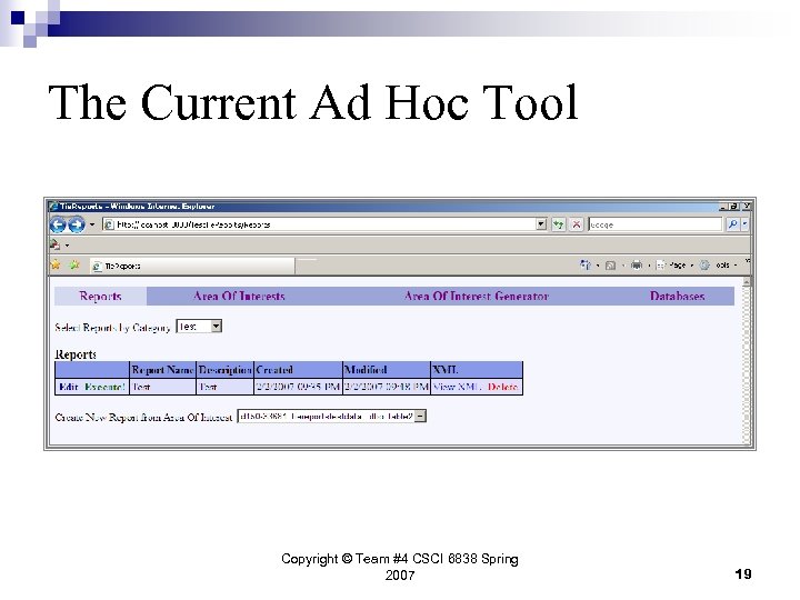 The Current Ad Hoc Tool Copyright © Team #4 CSCI 6838 Spring 2007 19