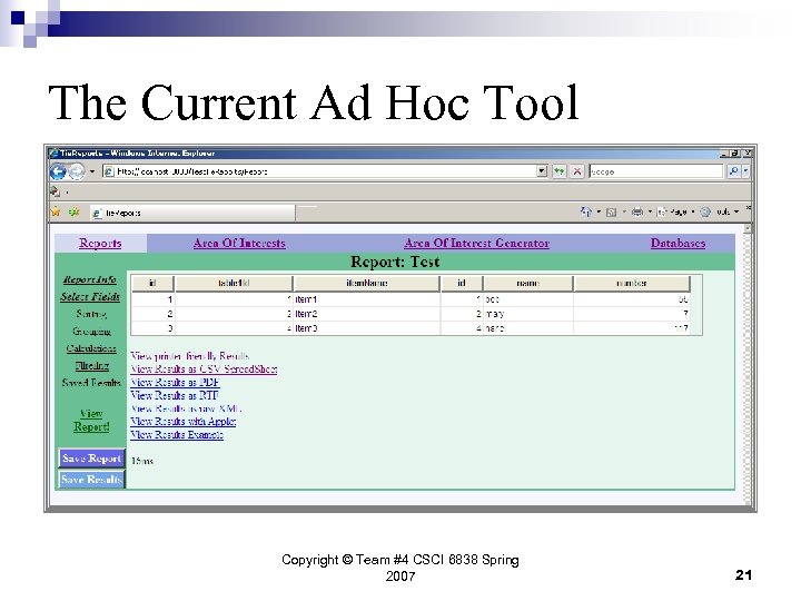 The Current Ad Hoc Tool Copyright © Team #4 CSCI 6838 Spring 2007 21
