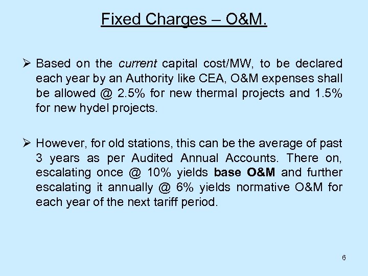 Fixed Charges – O&M. Ø Based on the current capital cost/MW, to be declared