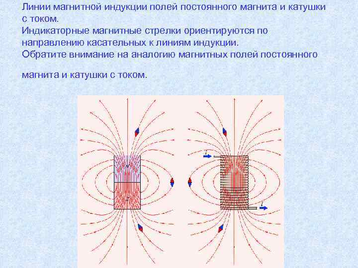 Линии магнитной индукции полей постоянного магнита и катушки с током. Индикаторные магнитные стрелки ориентируются