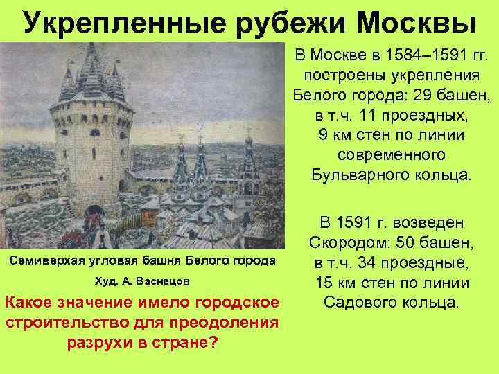 Укрепленные рубежи Москвы В Москве в 1584– 1591 гг. построены укрепления Белого города: 29
