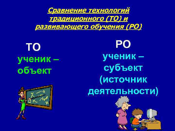 Сравнение технологий традиционного (ТО) и развивающего обучения (РО) ТО ученик – объект РО ученик