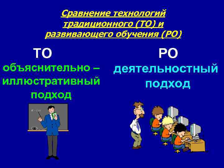 Сравнение технологий традиционного (ТО) и развивающего обучения (РО) ТО объяснительно – иллюстративный подход РО