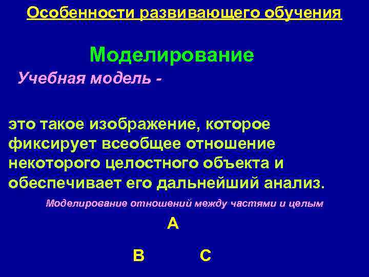 Особенности развивающего обучения Моделирование Учебная модель - это такое изображение, которое фиксирует всеобщее отношение