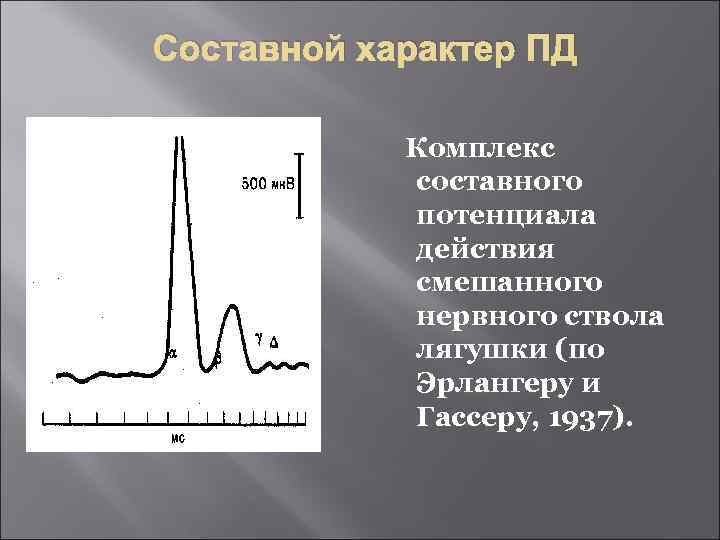 Составной характер ПД Комплекс составного потенциала действия смешанного нервного ствола лягушки (по Эрлангеру и