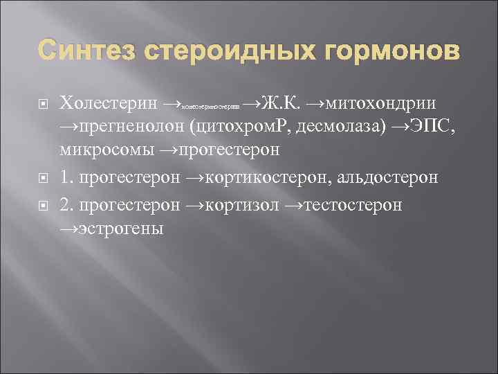 Синтез стероидных гормонов Холестерин → →Ж. К. →митохондрии →прегненолон (цитохром. Р, десмолаза) →ЭПС, микросомы