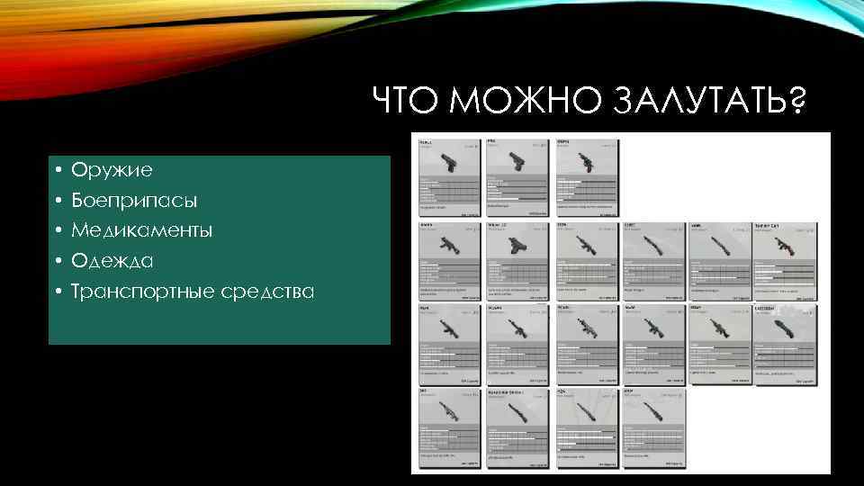 ЧТО МОЖНО ЗАЛУТАТЬ? • Оружие • Боеприпасы • Медикаменты • Одежда • Транспортные средства