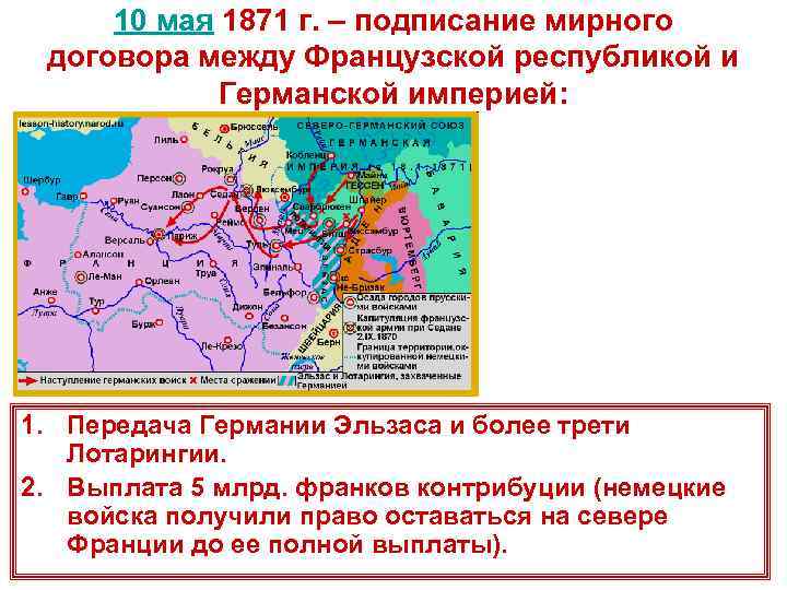 10 мая 1871 г. – подписание мирного договора между Французской республикой и Германской империей: