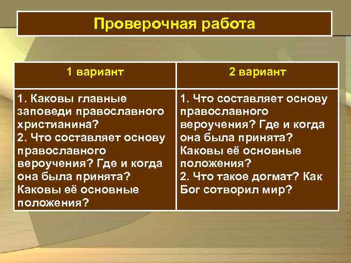 Проверочная работа 1 вариант 1. Каковы главные заповеди православного христианина? 2. Что составляет основу