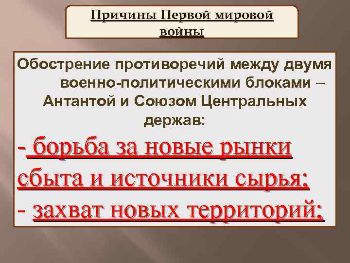 Причины Первой мировой войны Обострение противоречий между двумя военно политическими блоками – Антантой и