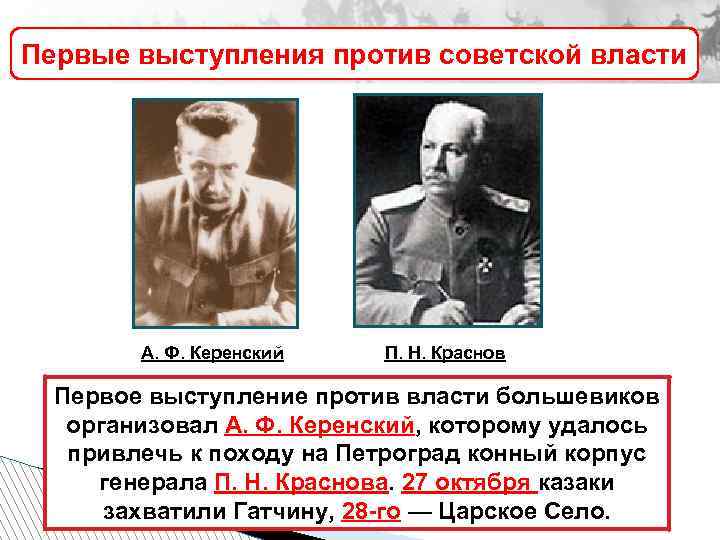 Первые выступления против советской власти А. Ф. Керенский П. Н. Краснов Первое выступление против