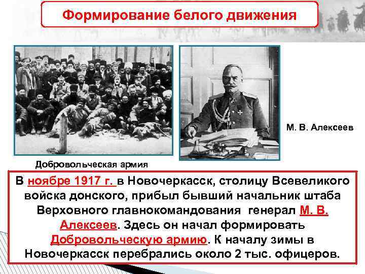 Формирование белого движения М. В. Алексеев Добровольческая армия В ноябре 1917 г. в Новочеркасск,