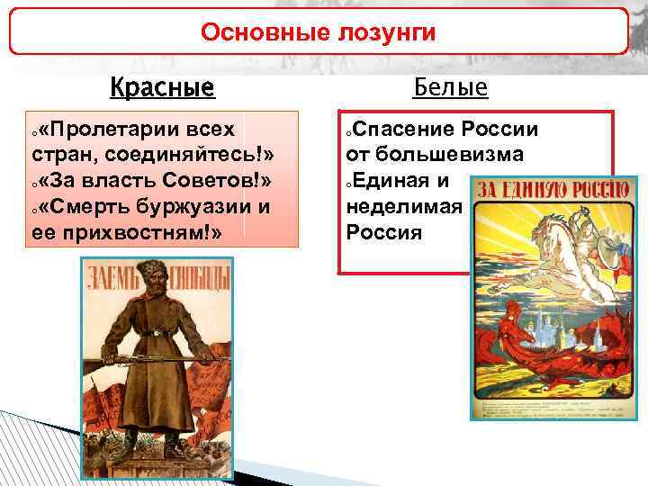 Основные лозунги Красные «Пролетарии всех стран, соединяйтесь!» o «За власть Советов!» o «Смерть буржуазии