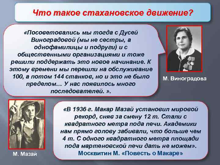 Что такое стахановское движение? «Посоветовались мы тогда с Дусей Виноградовой (мы не сестры, а