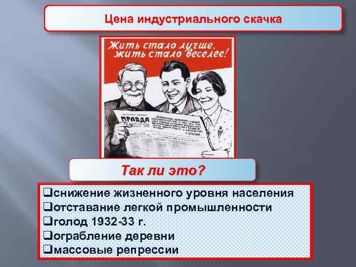 Цена индустриального скачка Так ли это? qснижение жизненного уровня населения qотставание легкой промышленности qголод