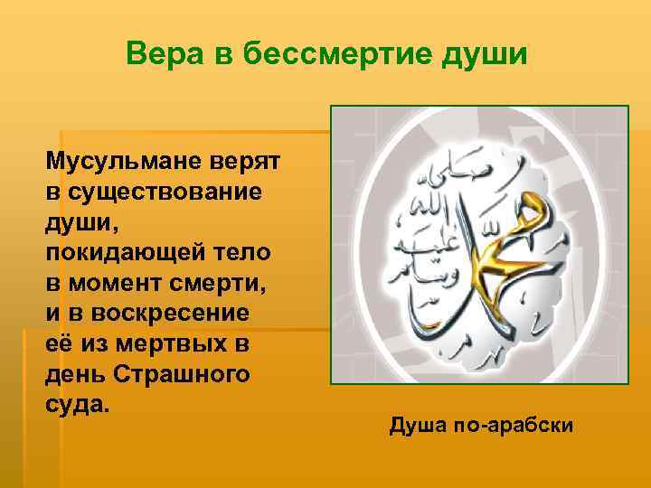 Вера в бессмертие души Мусульмане верят в существование души, покидающей тело в момент смерти,