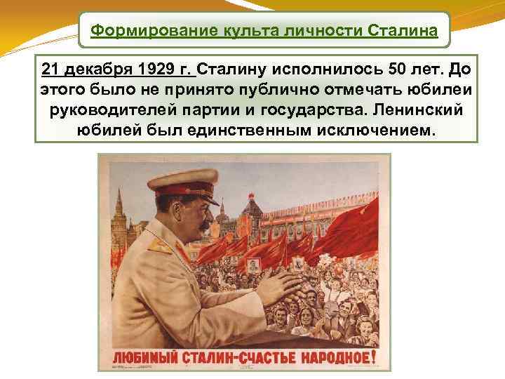 Формирование культа личности Сталина 21 декабря 1929 г. Сталину исполнилось 50 лет. До этого