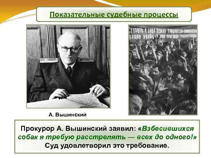 Показательные судебные процессы А. Вышинский Прокурор А. Вышинский заявил: «Взбесившихся собак я требую расстрелять