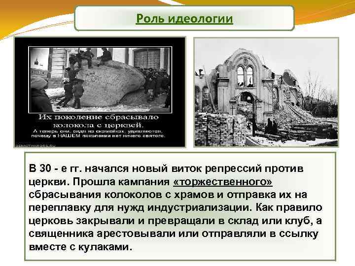 Роль идеологии В 30 - е гг. начался новый виток репрессий против церкви. Прошла
