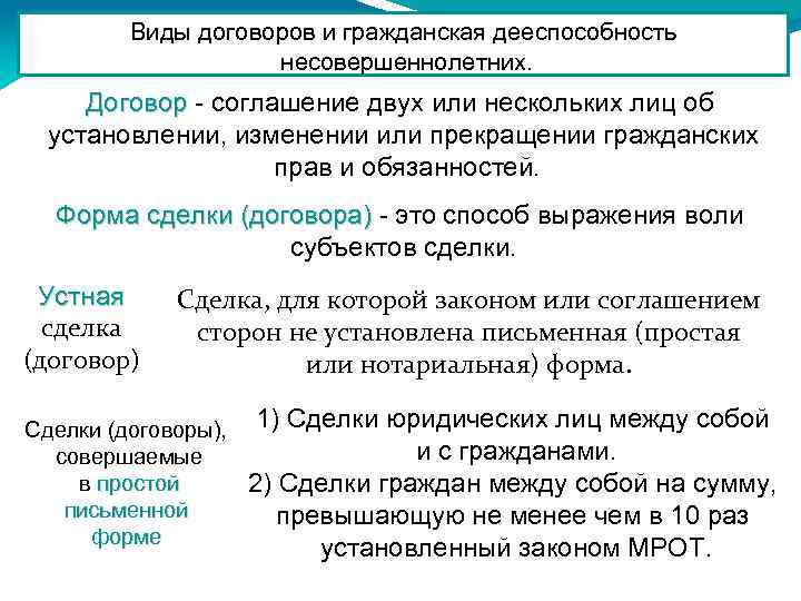 Виды договоров и гражданская дееспособность несовершеннолетних. Договор - соглашение двух или нескольких лиц об