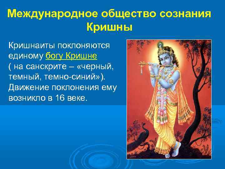 Международное общество сознания Кришны Кришнаиты поклоняются единому богу Кришне ( на санскрите – «черный,