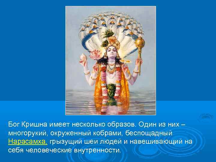 Бог Кришна имеет несколько образов. Один из них – многорукий, окруженный кобрами, беспощадный Нарасамха,