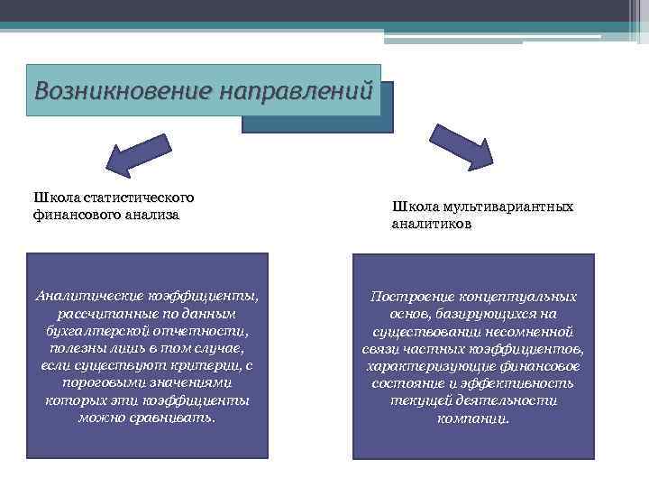 Возникновение направлений Школа статистического финансового анализа Аналитические коэффициенты, рассчитанные по данным бухгалтерской отчетности, полезны