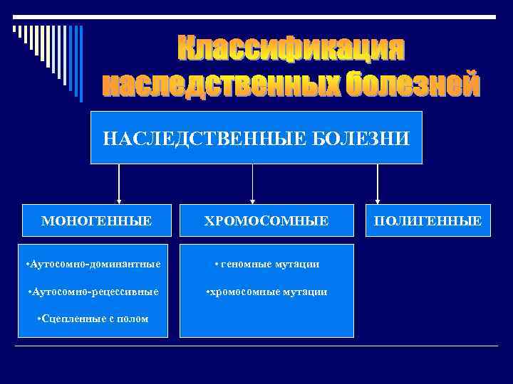 НАСЛЕДСТВЕННЫЕ БОЛЕЗНИ МОНОГЕННЫЕ ХРОМОСОМНЫЕ • Аутосомно-доминантные • геномные мутации • Аутосомно-рецессивные • хромосомные мутации