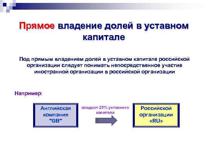 Прямое владение долей в уставном капитале Под прямым владением долей в уставном капитале российской