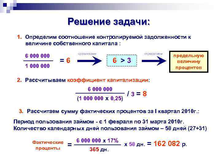 Решение задачи: 1. Определим соотношение контролируемой задолженности к величине собственного капитала : 6 000