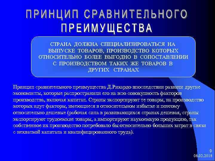 СТРАНА ДОЛЖНА СПЕЦИАЛИЗИРОВАТЬСЯ НА ВЫПУСКЕ ТОВАРОВ, ПРОИЗВОДСТВО КОТОРЫХ ОТНОСИТЕЛЬНО БОЛЕЕ ВЫГОДНО В СОПОСТАВЛЕНИИ С