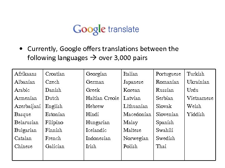  • Currently, Google offers translations between the following languages over 3, 000 pairs