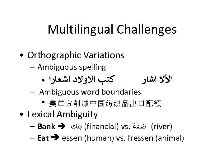 Multilingual Challenges • Orthographic Variations – Ambiguous spelling • ﻛﺘﺐ ﺍﻻﻭﻻﺩ ﺍﺷﻌﺎﺭﺍ ﺍﻷﻻ ﺍﺷﺍﺭ