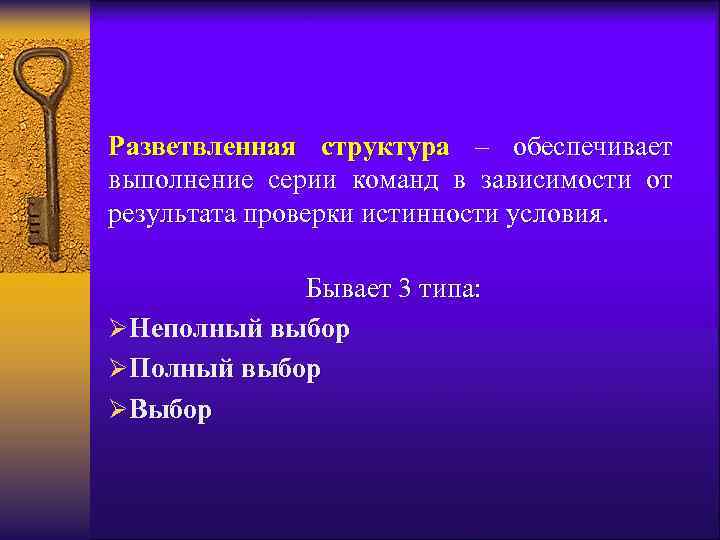 Разветвленная структура – обеспечивает выполнение серии команд в зависимости от результата проверки истинности условия.