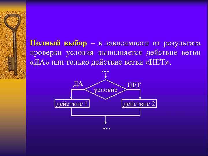 Полный выбор – в зависимости от результата проверки условия выполняется действие ветви «ДА» или