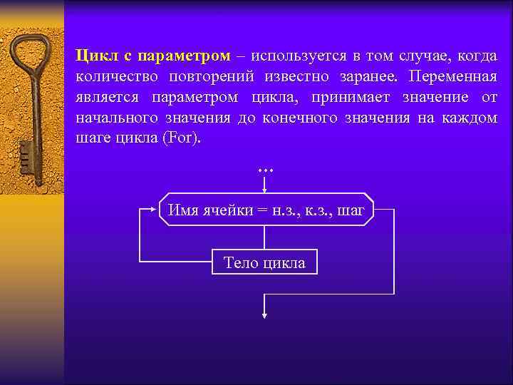 Цикл с параметром – используется в том случае, когда количество повторений известно заранее. Переменная