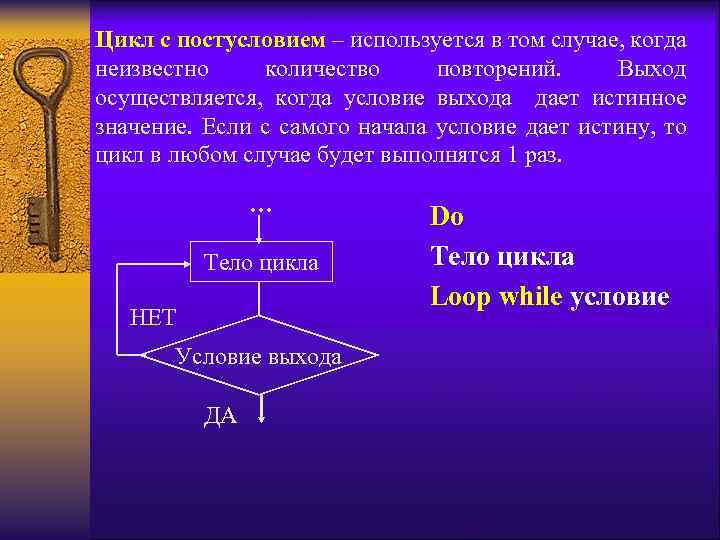 Цикл с постусловием – используется в том случае, когда неизвестно количество повторений. Выход осуществляется,