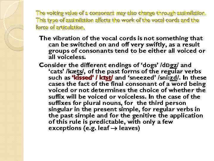 The voicing value of a consonant may also change through assimilation. This type of