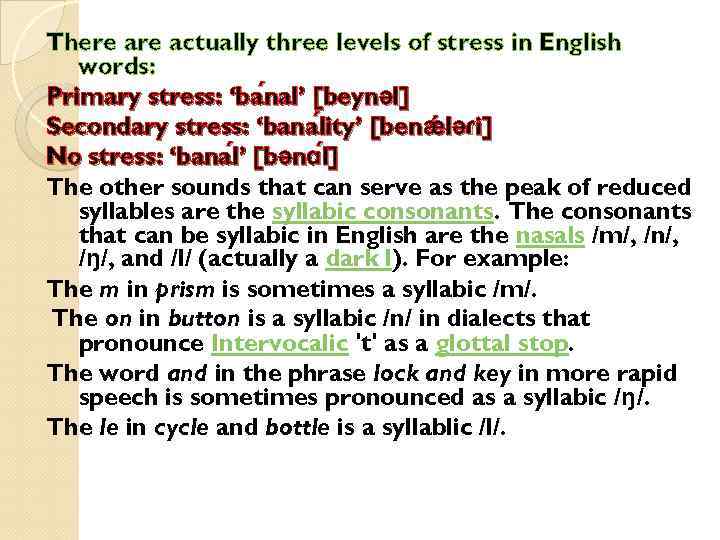 There actually three levels of stress in English words: Primary stress: ‘ba nal’ [beynәl]