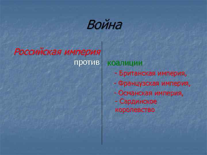 Война Российская империя против коалиции - Британская империя, - Французская империя, - Османская империя,