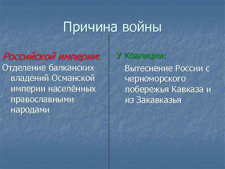 Причина войны Российской империи: Отделение балканских владений Османской империи населённых православными народами У Коалиции:
