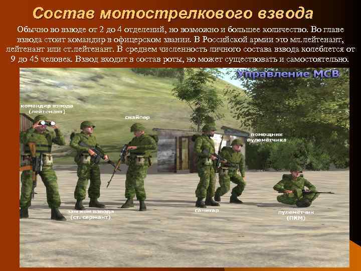 Состав мотострелкового взвода Обычно во взводе от 2 до 4 отделений, но возможно и