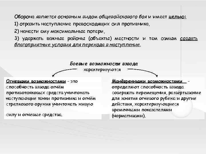 Оборона является основным видом общевойскового боя и имеет целью: 1) отразить наступление превосходящих сил
