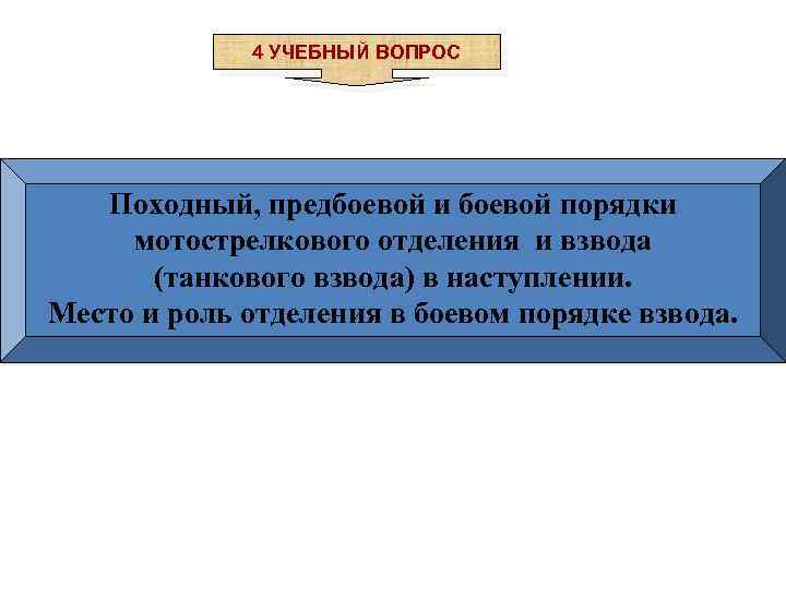 4 УЧЕБНЫЙ ВОПРОС Походный, предбоевой и боевой порядки мотострелкового отделения и взвода (танкового взвода)