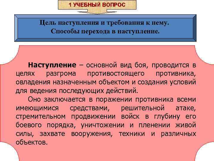 1 УЧЕБНЫЙ ВОПРОС Цель наступления и требования к нему. Способы перехода в наступление. Наступление