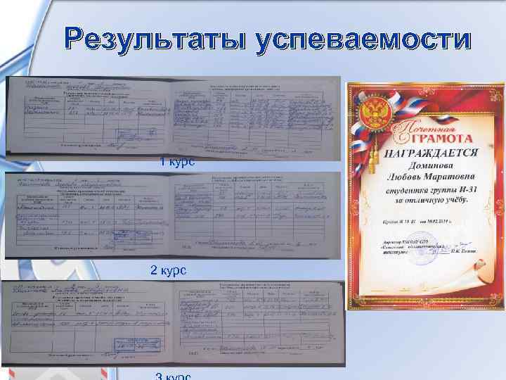 Результаты успеваемости 1 курс 2 курс 