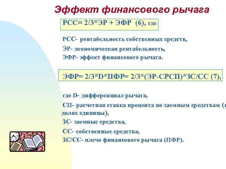 Эффект финансового рычага РCC= 2/3*ЭР + ЭФР (6), где РCC- рентабельность собственных средств, ЭР-
